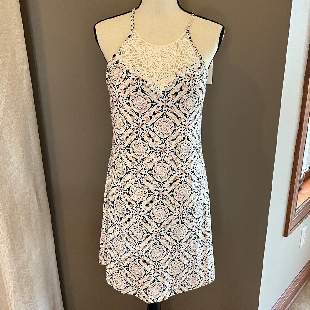 SO Halter Mini cream/black pattern with lace detail and racerback, Size Medium